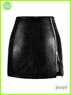 Faux Leather Mini Skirt High Waisted Zipper Slit Bodycon Pencil